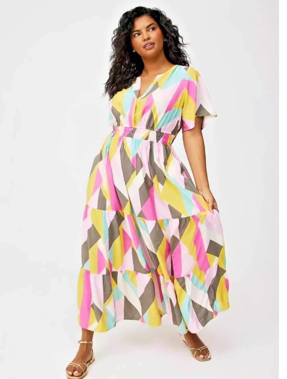 Torrid 0 L 12 Giant Geo Tiered Maxi Dress Plus Pink Yellow Pockets